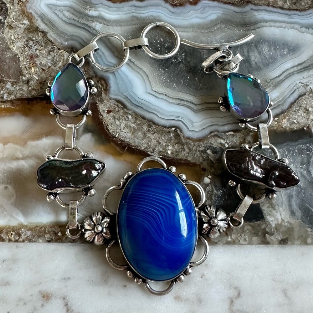 2137 Stunning Blue and Silver Bracelet with Floral Accents